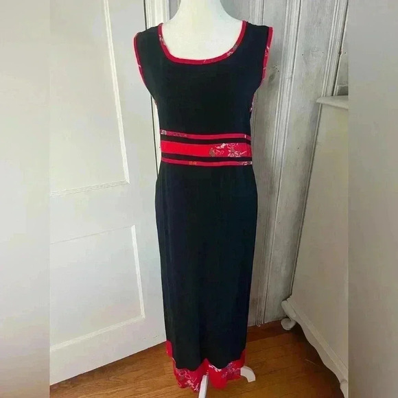 VTG 90s Y2K Asian Inspired floral Pattern Midi Black Dress Sz M Dark Romantic - Picture 2 of 8